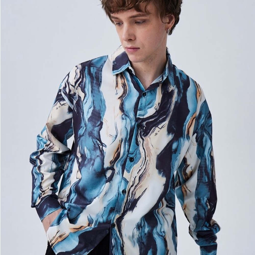Men's Blue and Cream Patterned Shirt by Parklees on Amazon for $140